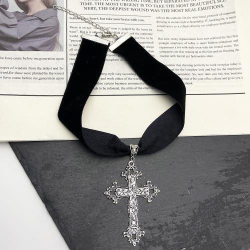 Sammet choker, Zink Alloy, med Velvet, Cross, guldfärg pläterade, mode smycken, silver, Säljs av PC