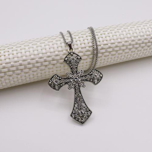 Zink Alloy tröja kedja halsband, Cross, guldfärg pläterade, mode smycken & med strass, silver, Säljs av PC