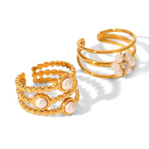 Prst prsten z nerezové oceli, 304 Stainless Steel, s Plastové Pearl, á, tři vrstvy & různé styly pro výběr & pro ženy, zlatý, Prodáno By PC