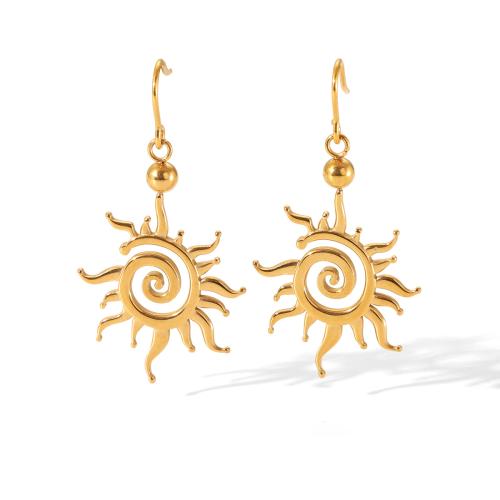 Boucle d'oreille goutte inox, Acier inoxydable 304, soleil, Plaqué or 18K, bijoux de mode & pour femme & creux, Vendu par paire