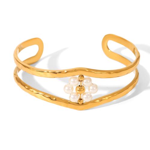 Bracelet en acier inoxydable, Acier inoxydable 304, avec perle de plastique, Placage, bijoux de mode & pour femme & creux, doré, Vendu par PC