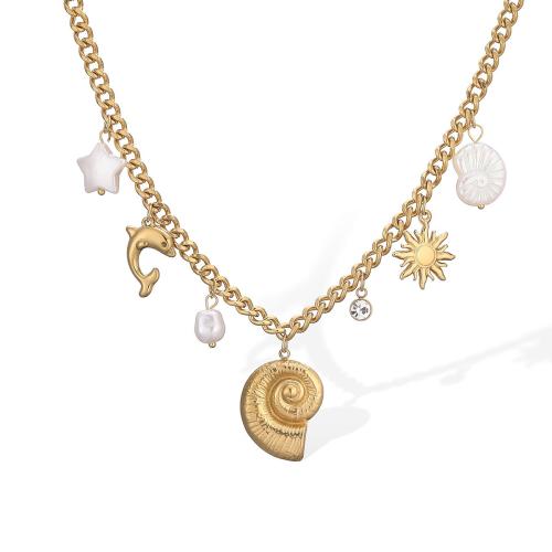 Nerezová ocel šperky náhrdelník, 304 Stainless Steel, s Cubic Zirconia & Skořápka & Plastové Pearl, různé styly pro výběr & pro ženy, zlatý, Prodáno By PC
