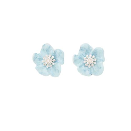 Boucles d'oreilles en laiton zircon cubique pavent, avec perle de plastique, fleur, Placage, pavé de micro zircon & pour femme & émail, bleu, Vendu par paire
