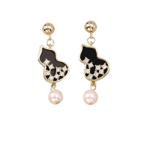 Boucles d'oreilles en laiton zircon cubique pavent, avec perle de plastique, calebasse, Plaqué d'or, pavé de micro zircon & pour femme & émail, plus de couleurs à choisir, Vendu par paire