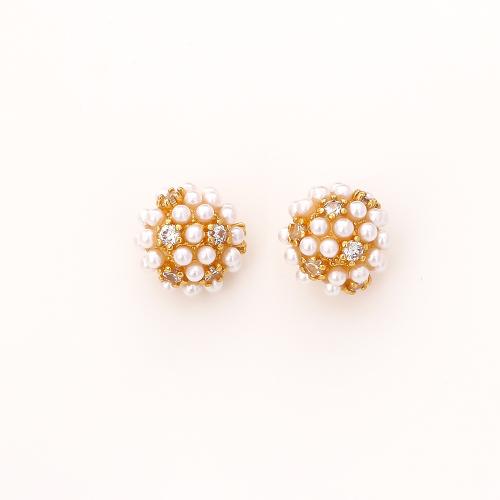 Boucles d'oreilles en laiton zircon cubique pavent, avec perle de plastique, Hortensias, Plaqué d'or, bijoux de mode & pavé de micro zircon & pour femme, Vendu par paire