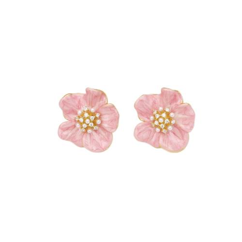 Boucles d'oreilles en laiton zircon cubique pavent, avec perle de plastique, fleur, Plaqué d'or, pavé de micro zircon & pour femme & émail, plus de couleurs à choisir, Vendu par paire