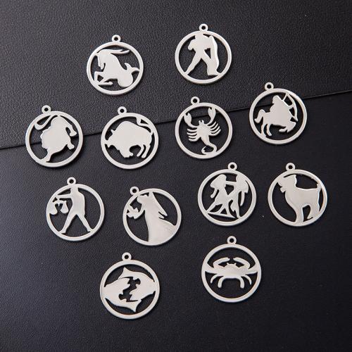Rostfritt stål Constellation Hänge, 304 rostfritt stål, 12 Tecken på Zodiac, silver pläterad, DIY, silver, 20mm, 10PC/Bag, Säljs av Bag