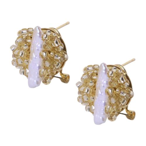 Sladkovodní Pearl náušnice, Vinuté, s Sladkovodní Pearl & Mosaz, barva pozlacený, módní šperky, smíšené barvy, 16x14mm, Prodáno By Pair