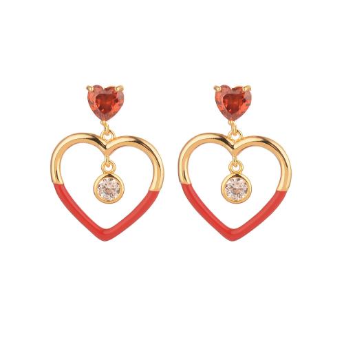 Boucles d'oreilles en laiton zircon cubique pavent, coeur, Placage, pavé de micro zircon & pour femme & émail, Vendu par paire