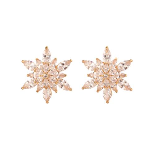 Boucles d'oreilles de Noël, laiton, fleur, Placage, Conception de Noël & pavé de micro zircon & pour femme, Vendu par paire
