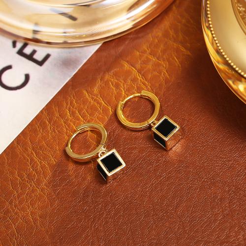 Boucles d'oreilles pendantes en laiton, cadre, Plaqué d'or, bijoux de mode & pour femme & émail, noire, Vendu par paire