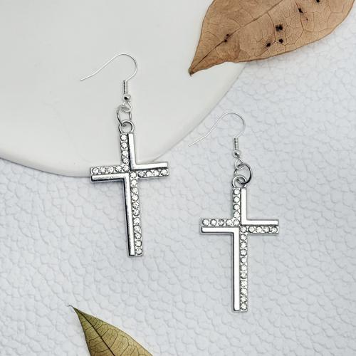 Zink Alloy Örhängen, Cross, guldfärg pläterade, mode smycken & med strass, silver, Säljs av Par