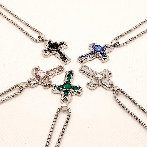 Zink Alloy tröja kedja halsband, Cross, guldfärg pläterade, mode smycken & emalj & med strass, fler färger för val, Säljs av PC