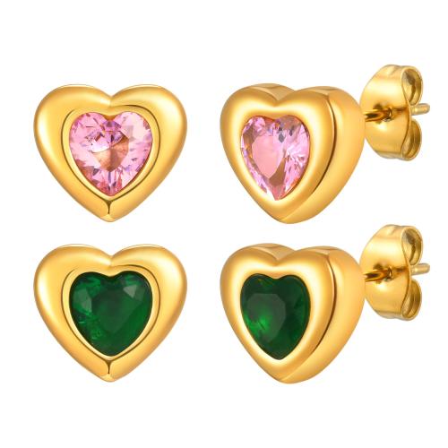 Boucle d'oreille de gaujon en acier inoxydable, Acier inoxydable 304, avec zircon cubique, coeur, Plaqué or 18K, bijoux de mode & pour femme, Vendu par paire