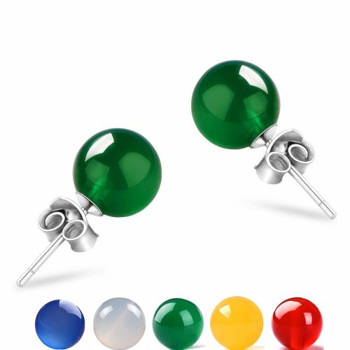 めのう スタッドイヤリング, とともに 925スターリングシルバー, ラウンド形, ユニセックス & 異なるサイズの選択, 無色, 売り手 ペア