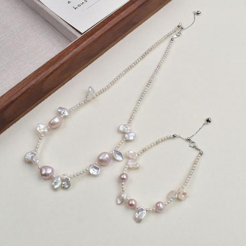 Sets de Perlas Cultivadas de Agua Dulce, pulsera & collar, plata de ley 925, con Perlas cultivadas de agua dulce, Barroco, Joyería, Blanco, 4-5mm, longitud 50 cm, Vendido por Set