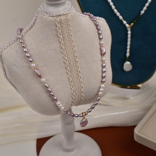 Sötvatten Pearl tröja kedja halsband, Freshwater Pearl, med Cats Eye, Ris, mode smycken, purpur, 4-6mm, Längd 46 cm, Säljs av PC