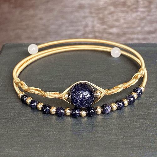 Naturel Bleu Goldstone Bracelets, laiton, avec Grès bleu, 14K rempli d’or, Double couche & bijoux de mode & pour femme, Inner diameter :55mm, Vendu par PC
