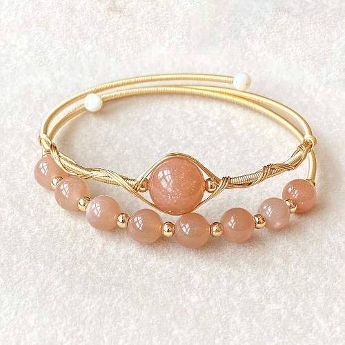 Bracelets de pierres précieuses, laiton, avec Moonstone, 14K rempli d’or, Double couche & bijoux de mode & pour femme, Inner diameter :55mm, Vendu par PC