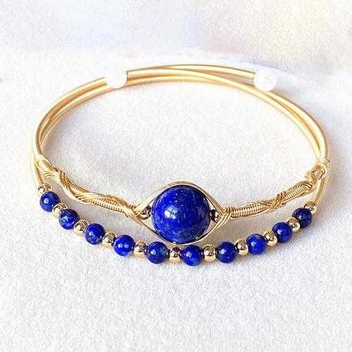 Bracelets de lapis-lazuli naturel, laiton, avec Lapis lazuli, 14K rempli d’or, Double couche & bijoux de mode & pour femme, Inner diameter :55mm, Vendu par PC