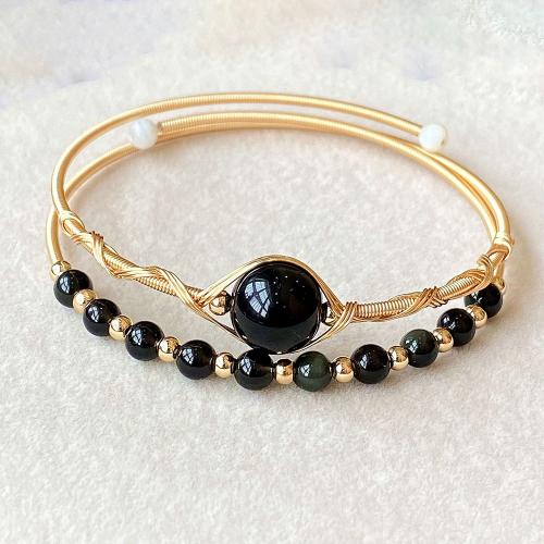 Bracelets de pierres précieuses, laiton, avec Obsidienne, 14K rempli d’or, Double couche & bijoux de mode & pour femme, Inner diameter :55mm, Vendu par PC