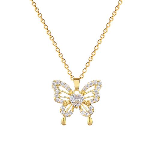 Collier d'acier titane, avec laiton, papillon, pavé de micro zircon & pour femme & creux, doré, Vendu par PC