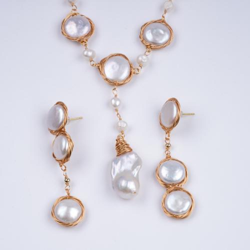 Sets de Perlas Cultivadas de Agua Dulce, collar de cadena suéter & pendiente, con metal, Barroco, Joyería, más colores para la opción, 7-16mm, Vendido por Set
