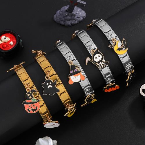 Halloween náramek, 304 Stainless Steel, barva pozlacený, Halloweenský design & smalt, více barev na výběr, 120x100x10mm, Délka 18 cm, Prodáno By PC