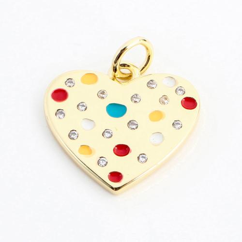 Cubique Pendentif en laiton zircon pavent, coeur, DIY & pavé de micro zircon & émail, doré, 17x15x1mm, Vendu par PC