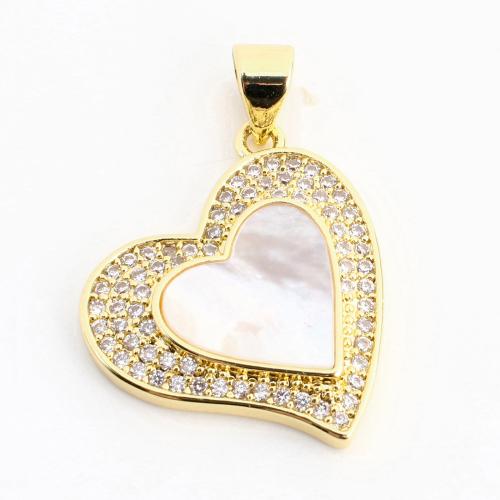Cubique Pendentif en laiton zircon pavent, avec coquille blanche, coeur, DIY & pavé de micro zircon, doré, 24x18x3mm, Vendu par PC