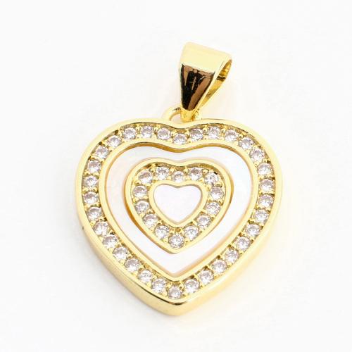 Cubique Pendentif en laiton zircon pavent, avec coquille blanche, coeur, DIY & pavé de micro zircon, doré, 22x16x2mm, Vendu par PC
