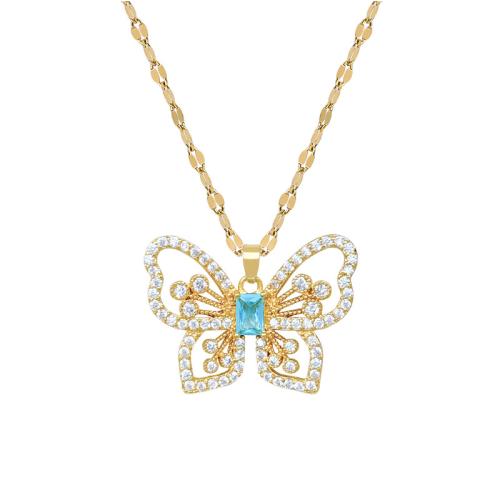 Titanová ocel náhrdelník, Titanium ocel, s Mosaz, Motýl, micro vydláždit kubické zirkony & pro ženy & dutý, zlatý, Prodáno By PC