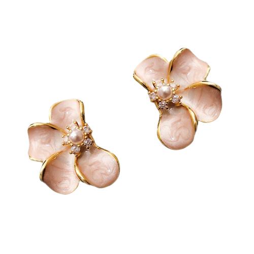 Boucles d'oreilles en laiton zircon cubique pavent, avec perle de plastique, fleur, Placage, pavé de micro zircon & pour femme & émail, doré, 21x15mm, Vendu par paire