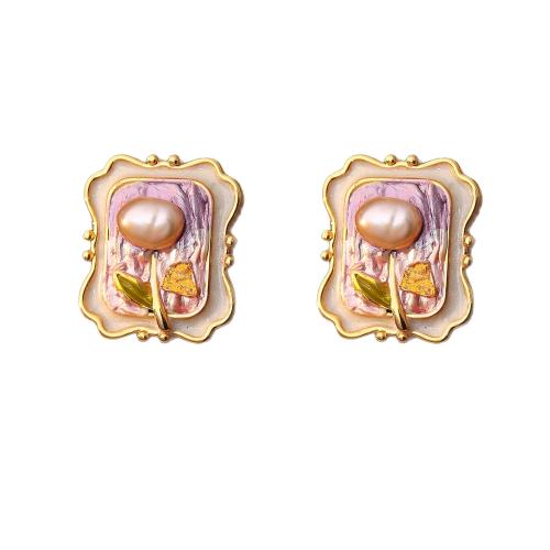 Boucles d'oreilles en perles d'eau douce, laiton, avec perle d'eau douce cultivée, Plaqué or 18K, bijoux de mode & pour femme & émail, 19mm, Vendu par paire