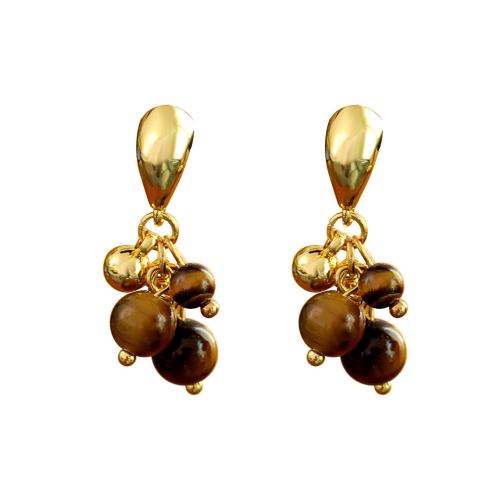 Boucles d'oreilles en pierres précieuses, laiton, avec oeil de tigre, raisin, Plaqué or 18K, bijoux de mode & pour femme, 29x5mm, Vendu par paire