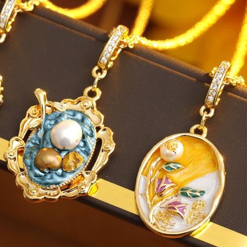 Freshwater Pearl Mässing Chain Necklace, med Freshwater Pearl, med 5.5cm extender kedja, 18K guldpläterad, olika stilar för val & micro bana cubic zirconia & för kvinna & emalj, The pendant is 3.5cm long and 1.6cm wide, Längd 46 cm, Säljs av PC