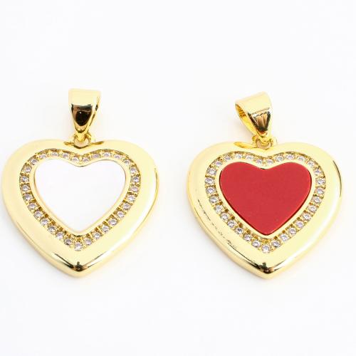 Cubique Pendentif en laiton zircon pavent, avec Acrylique, coeur, Placage de couleur d'or, DIY & pavé de micro zircon, plus de couleurs à choisir, 24x18x3mm, Vendu par PC