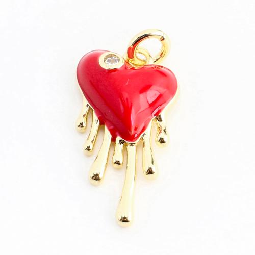 Cubique Pendentif en laiton zircon pavent, coeur, DIY & pavé de micro zircon & émail, doré, 16x9x3mm, Vendu par PC