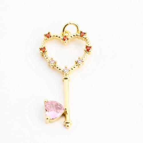 Cubique Pendentif en laiton zircon pavent, clé, DIY & pavé de micro zircon & creux, doré, 34x14x2mm, Vendu par PC