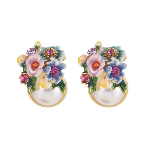 Goujon Laiton, avec zircon cubique & perle de plastique, Placage, styles différents pour le choix & pour femme & émail, Vendu par paire