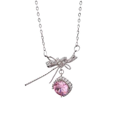 925 sterling silver Halsband, med 2inch extender kedja, Bowknot, plated, micro bana cubic zirconia & för kvinna, fler färger för val, Längd Ca 15.7 inch, Säljs av PC