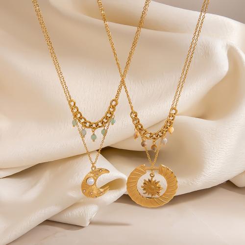 Nerezová ocel šperky náhrdelník, 304 Stainless Steel, s Přírodní kámen & ABS plast pearl, barva pozlacený, Dvojitá vrstva & módní šperky & smalt & s drahokamu, více barev na výběr, Prodáno By PC