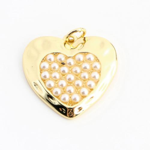 Pendentifs coeur en laiton, avec perle de plastique, DIY, doré, 20x20x3mm, Vendu par PC
