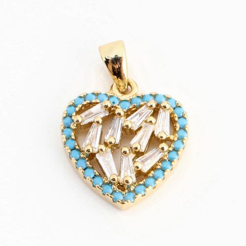 Cubique Pendentif en laiton zircon pavent, avec turquoise naturelle, coeur, DIY & pavé de micro zircon & creux, doré, 19x13x3mm, Vendu par PC