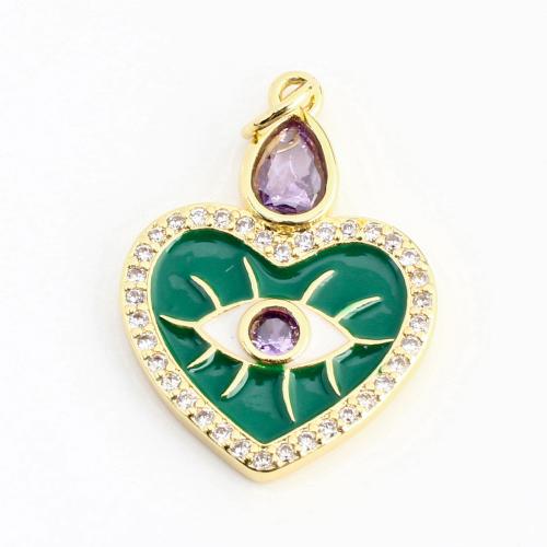 Cubique Pendentif en laiton zircon pavent, coeur, Placage de couleur d'or, DIY & pavé de micro zircon & émail, 26x17x2mm, Vendu par PC