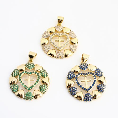 Cubique Pendentif en laiton zircon pavent, Rond, Placage de couleur d'or, DIY & pavé de micro zircon & creux, plus de couleurs à choisir, 28x22x3mm, Vendu par PC