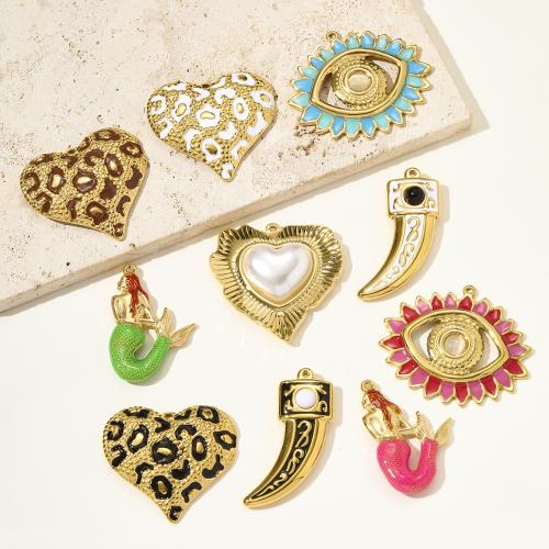 Nerezová ocel Šperky Přívěsky, 304 Stainless Steel, s Přírodní kámen & ABS plast pearl & Kočky Eye, barva pozlacený, DIY & smalt, více barev na výběr, 3PC/Bag, Prodáno By Bag