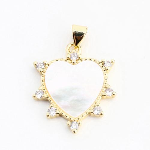 Cubique Pendentif en laiton zircon pavent, avec coquille blanche, coeur, DIY & pavé de micro zircon, doré, 29x22x2mm, Vendu par PC