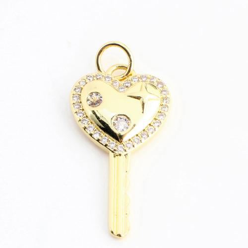 Cubique Pendentif en laiton zircon pavent, clé, DIY & pavé de micro zircon, doré, 23x12x3mm, Vendu par PC