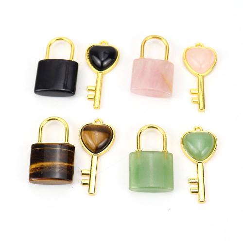 Edelstein Anhänger Schmuck, mit Messing, Lock and Key, handgemacht, DIY & verschiedenen Materialien für die Wahl, goldfarben, verkauft von Paar